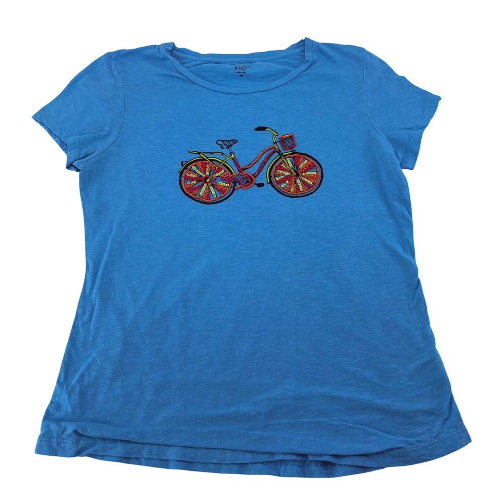 Crown & Ivy Blue Beaded Bicycle Graphic TShirt Womens Medium Cotton Short Sleeve